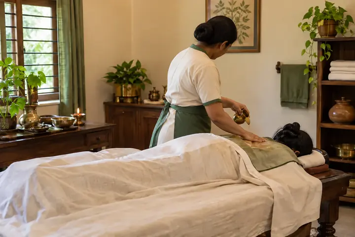 Abhyanga oil therapy in a Kerala Ayurveda clinic